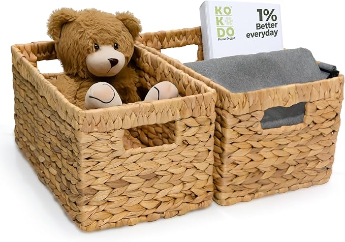 KOKODO Wicker Storage Basket Set of 2, Rectangular Baskets for Shelves with Handles & Chalkboard Labels, Handwoven Water Hyacinth Baskets for Organizing Pantry, Closet & Home. - Image 2
