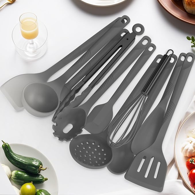 Silicone Cooking Utensils Set - 600°F Heat Resistant, Nonstick Kitchen Utensil Set with Spatulas, Spoons, Whisk, Tongs, BPA Free, Dishwasher Safe (Gray) - Image 4
