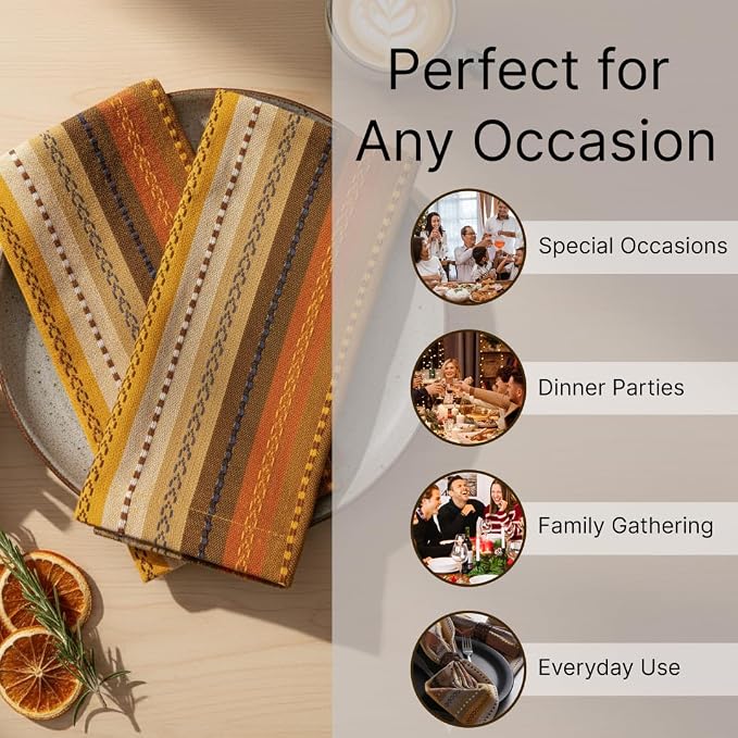 LFH Home Cotton Rich Cloth Salsa Napkin Set of 12 Washable Soft Durable Striped Table Napkins for Dining Wedding, Daily Use Reusable Eco-Friendly Napkins for Elegant Table Settings(18x18)-Golden Multi - Image 4