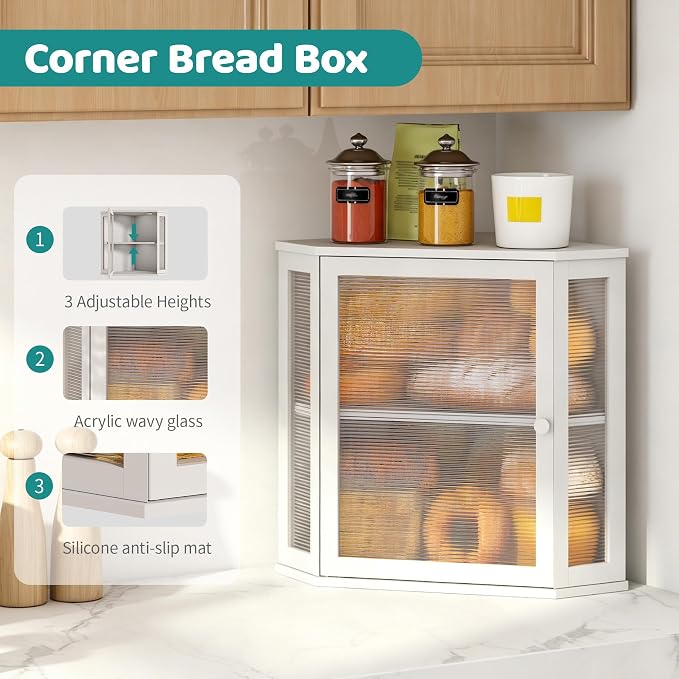 White Corner Bread Box, Extra Large Bamboo Bread Box for Kitchen Countertop, 2 Tier Wooden Bread Storage, Solid Bamboo Wood - Image 3