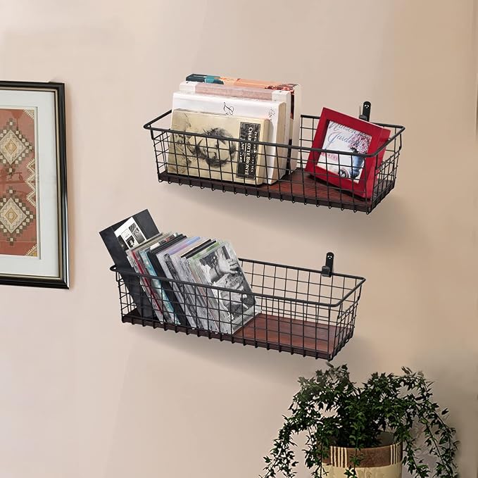 SheeChung [Extra Large Wall Storage Basket, Metal Hanging Basket, Black | Wooden Base & Handle, Portable Wire Farmhouse Food Organizer for Home Kitchen Bathroom Pantry Laundry Closet Garage RV,4 Pack - Image 6