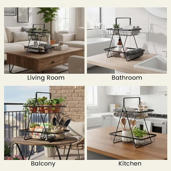 Go Hooked Counter-top 2 Tier Fruit Basket ideal for Dining Table, Centre Table | Metal Fruit Bowl or Bread Basket Vegetables Storage Organizer Holder (Black) - Image 6