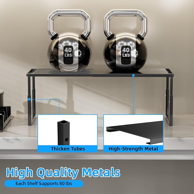 Cabinet Shelves, 2 Pack Stackable Shelves for Pantry Storage | Expandable & Height Adjustable Cabinet Organizer Shelf | Metal Shelf Organizer | Black Spice Rack for Pantry Storage - Image 7