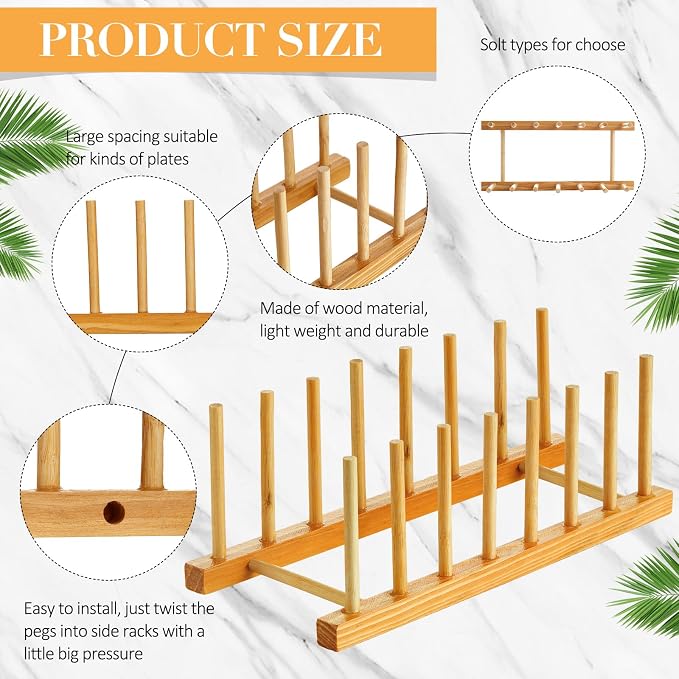 Zopeal 9 Pcs Bamboo Wooden Plate Racks Dish Rack Stand Holder 3/6/ 7 Slots Drainboard Drying Drainer Kitchen Cabinet Organizer for Dish Plate Bowl Cup Pot Lid Book - Image 3