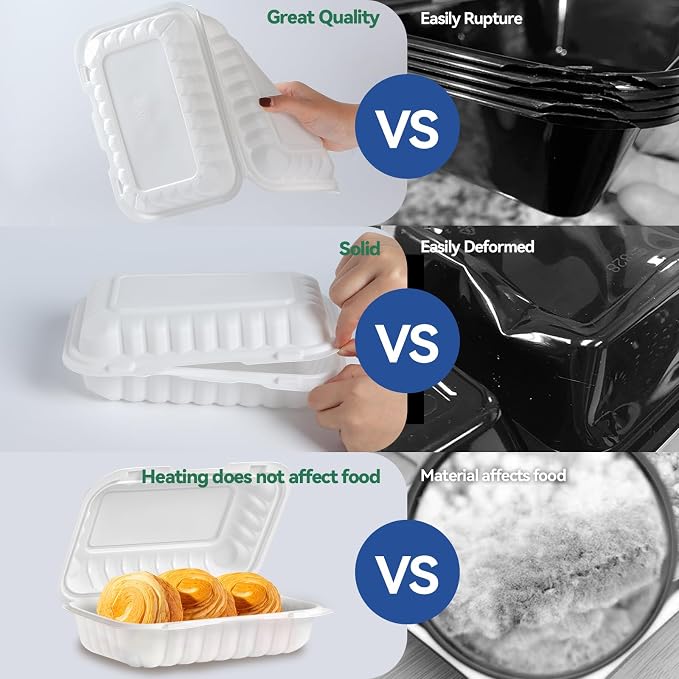 9x6 27 oz 50 Pack To Go Containers - Shrink Wrap Ready to Use | Mineral Filled PP BPA Free Clamshell | Freezer Microwave Safe | White Reusable Food Boxes for Commercial, Sandwiches & Salad - Image 5