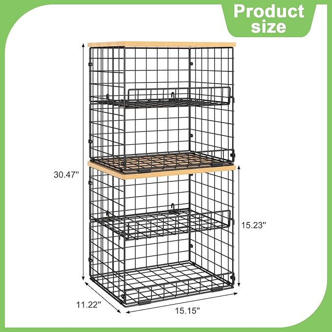 4 Pack Stackable Wire Baskets for Pantry Organizers and Storage, Pantry Baskets with Fixed Wooden Top, Fruit and Vegetable Storage Bins for Organizing Onion Potato Snack for Kitchen Cabinet/Countertop - Image 6