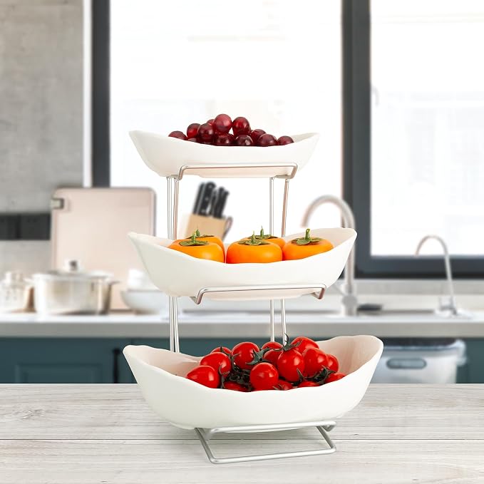 Ceramic Fruit Bowl for Kitchen Counter, 3 Tier Ceramic Serving Bowls with Metal Stand, Fruit Basket Stand Fruit Serving Tray Set for Vegetable Storage, Candy Snack Dessert Cake (White) - Image 3