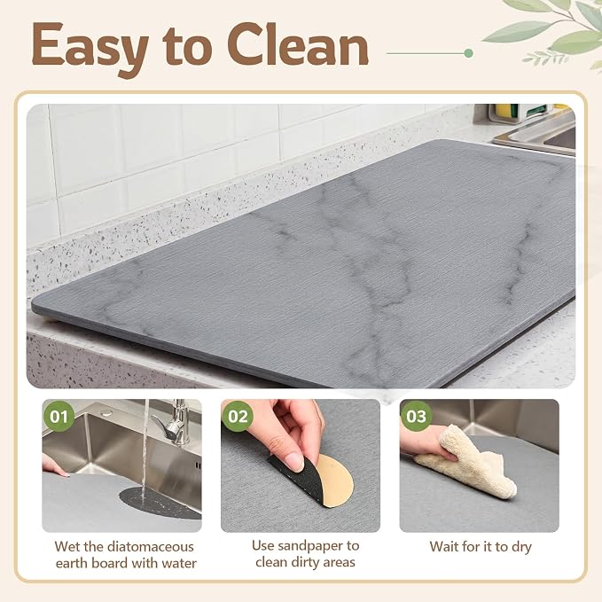 1 Pcs 32" x 18" Extra Large Stone Dish Drying Mat for Kitchen Counter Marble Diatomaceous Earth Mat with Wooden Feet Absorbent Quick Dry for Pot Dishes Bottles Cups Bottles Tableware - Image 5
