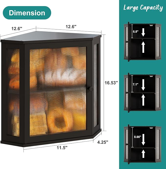 Corner Bread Box, Large Bamboo Bread Box for Kitchen Countertop, 2 Tier Wooden Bread Storage, Black - Image 3