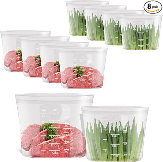 Premium Silicone Reusable Storage Bags, Large-Size Set, 8 Pack, 100% Platinum Silicone Food Storage Bag Stand-Up Wide-Mouth Zip-Lock, Microwave Dishwasher Freezer Safe, 4 XL + 4 L, Crystal-Clear by Annaklin