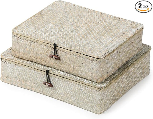 YANGQIHOME Set of 2 Seagrass Baskets with Lids, Rectangular Woven Storage Baskets, Natural Wicker Basket Boxes for Coffee Table, Shelf, Bathroom Counter & Closet Decor (Whitewashed, Set of 2) by YANGQIHOME