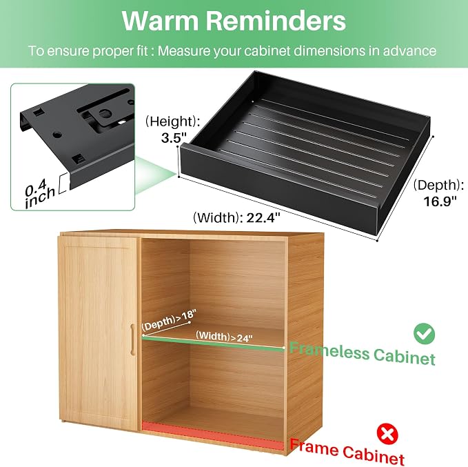 Pull Out Cabinet Organizer with Nano Adhesive, Heavy Duty Full-Extension Slide-Out Drawer for Kitchen Cabinet Organizers and Storage, No Drill Roll out Pantry Shelf, 22.4"W x 16.9"D x 3.1"H , Black - Image 2