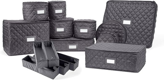 Covermates Keepsakes Dish Storage Set – Padded China & Dinnerware Storage Cases with Dividers, Cup & Stemware Storage, Quilted Polyester Protection, ID Window, Slate by Covermates