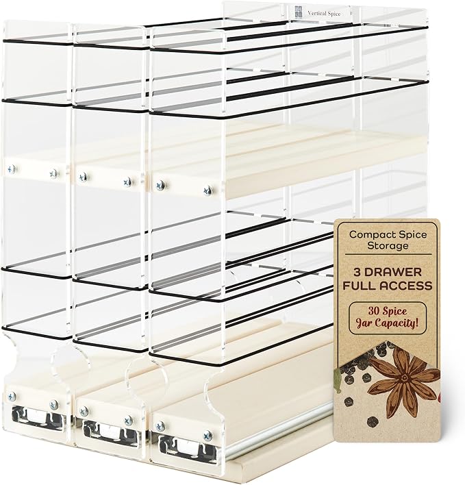 Cabinet Mounted Spice Rack Drawer - Pull Out Cabinet Organizer - Cupboard Organizers & Storage - Pantry Shelves - 30 Reg. Jars, 3 Drawers, 2 Tiers (6.9" W x 10.75" H x 10.6" D, Cream) - Image 7