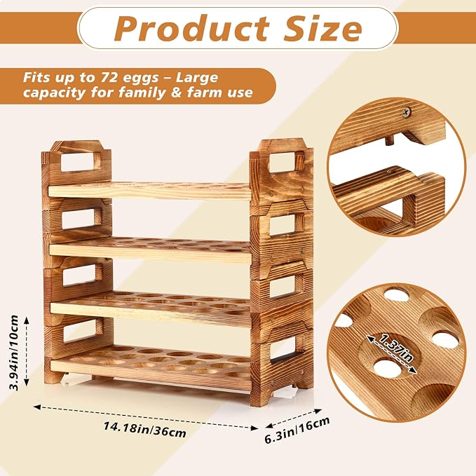 Reallnaive 4 Tier Wooden Egg Holder for Countertop, Pine Stackable Fresh Egg Storage Farmhouse Collecting Rack for Gathering Kitchen Organizer Duck Eggs Display, Stackable with 72 Eggs(Brown) - Image 2
