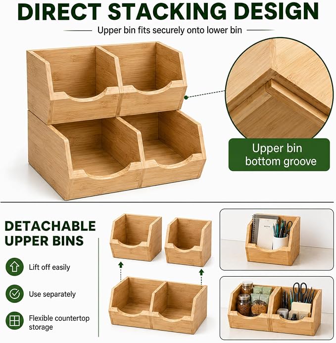 Bamboo Pantry Storage Bins Set of 3, Stackable Desktop Organizer | Ideal for kitchen counters, pantry shelves, dining rooms, coffee bars, offices and utility rooms. - Image 4