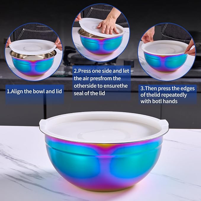 Colorful Mixing Bowls with Airtight Lids, Stainless Steel Nesting Mixing Bowls Set of 7, Ideal for Baking, Prepping and Serving Food, Size 7, 3.6, 2.7, 2.1, 1.5, 1.1,0.8 QT, Stackable Design - Image 3
