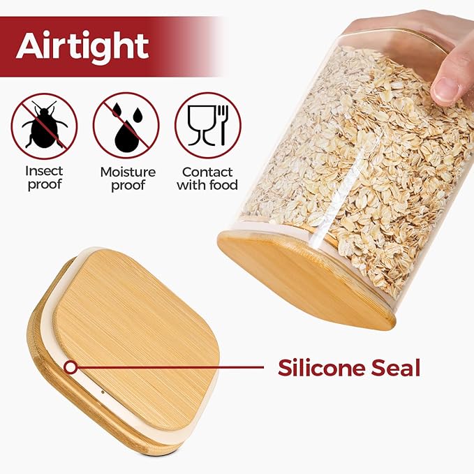 Glass Pantry Storage Containers with Bamboo Lids 1Qt 4 Pack Square | Pantry Organization, Coffee Beans Flour Sugar Pasta Cereal Dry Food Storage, Labels Included, Kitchen Organization - Image 7