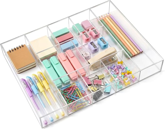 Large Acrylic Desk Deep Drawer Organizer with Adjustable Dividers, Anti-skip Clear Desk Top Junk Drawer Storage Tray for Pens, Desktop, Office, Bathroom, Kitchen, Makeup Supplies(10 Compartments) - Image 7