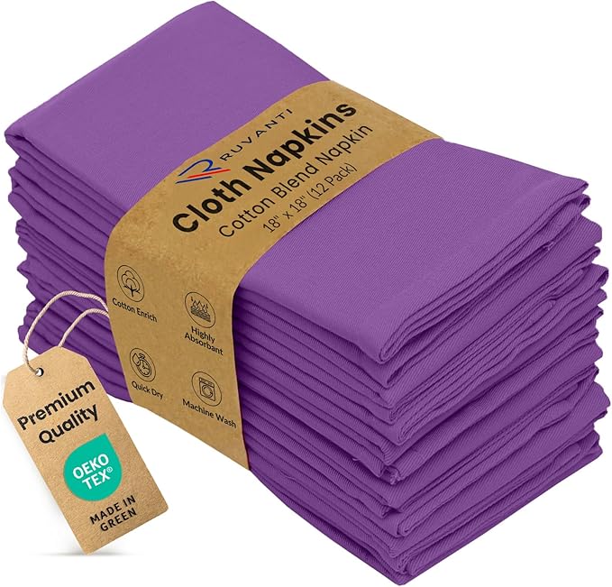 Ruvanti Cloth Napkins Set of 12, 18x18 Inches Napkins Cloth Washable, Soft, Durable, Absorbent, Cotton Blend. Table Dinner Napkins Cloth for Hotel, Lunch, Restaurant, Wedding Events, Parties - Purple by Ruvanti
