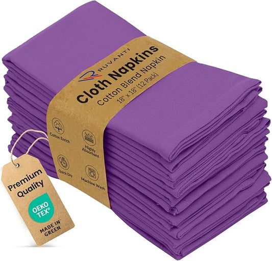 Ruvanti Cloth Napkins Set of 12, 18x18 Inches Napkins Cloth Washable, Soft, Durable, Absorbent, Cotton Blend. Table Dinner Napkins Cloth for Hotel, Lunch, Restaurant, Wedding Events, Parties - Purple by Ruvanti