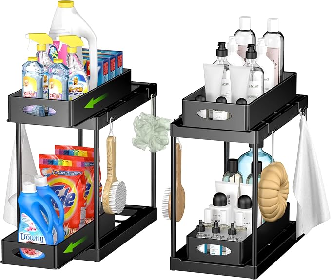 Under Sink Organizer and Storage, 2 Tier Under Sink Organizer with Sliding Pull Out Drawer for Kitchen Bathroom Cabinet Shelf Basket with 8 Hooks (2 Pack) - Image 8