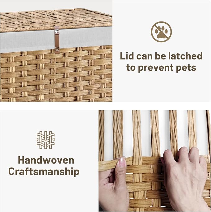 180L Wicker Storage Basket with Lid, Handwoven Rattan Large Shelf Basket with Removable Liner, 47.6 Gallon Wicker Basket for Blanket, Storage Trunk with Handle for Closet, Bedroom, Livingroom, Natural - Image 4