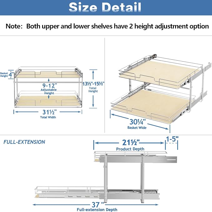 ROOMTEC 2 Tier Individual Pull Out Cabinet Organizer 31½"W x 21½"D, Slide Out Wood Shelves Organizers, Pull Out Drawers Organization and Storage for Kitchen Cabinet - Image 3