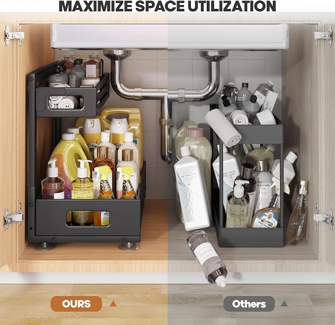 2 Pack 17IN-Depth Under Sink Organizer,Pull Out Cabinet Organizer With Smooth Cylindrical Rail,Metal Slide Out Drawer for Kitchen Bathroom Laundry,8-Level Tool Free Height Adjustable-Black - Image 6