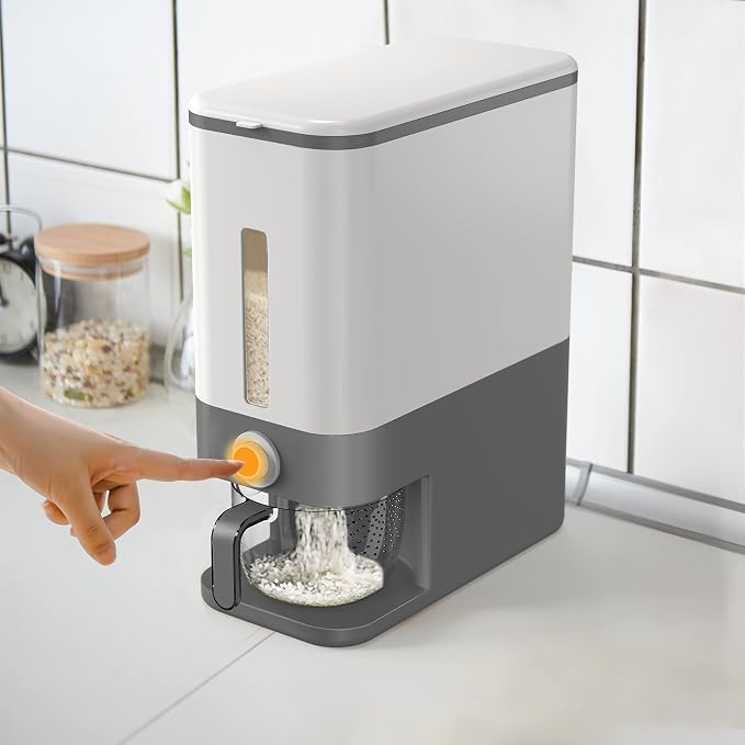 Rice Dispenser, Large Sealed Grain Container Storage with Measuring Cup, Food Cereal Container Bins for Flour Cereal Kitchen Storage (Grey) - Image 2