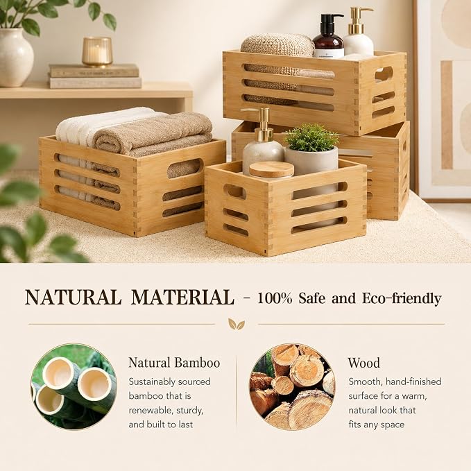 ANMINY Wood Storage Bins Crates, Nesting 4PCS, Sturdy Mortise-Tenon Joint | Natural Bamboo Boxes Bins with Built-in Handles, Sturdy Corner Joints, Hollow Stripe Design, Nestable for Pantry Shelf - Image 3