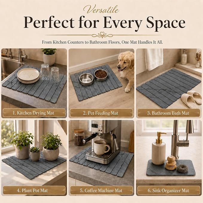 2 PCS Large Stone Dish Drying Mat for Kitchen Counter, 24" x 16" Diatomaceous Earth Dish Mat with 8" x 4" Coaster, Quick Dry Foldable Absorbent Mat for Dishes, Cups, Bottles (Dark Gray) - Image 7