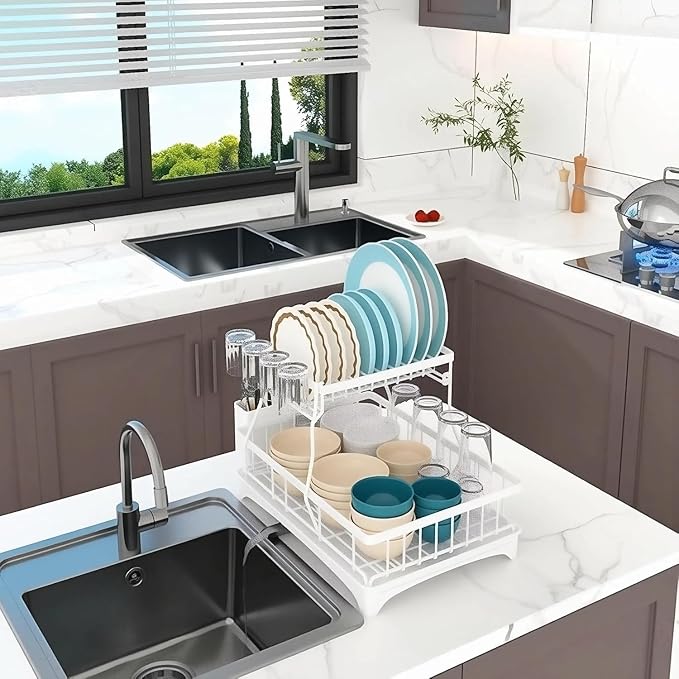 Dish Drying Rack for Kitchen Counter, 2 Tier Stainless Steel ​Sinkside Dish Racks with Drainboard Set, Stainless Steel Rustproof Dish Drainer with Drainboard, Kitchen Removable Cutlery Holder, White - Image 2