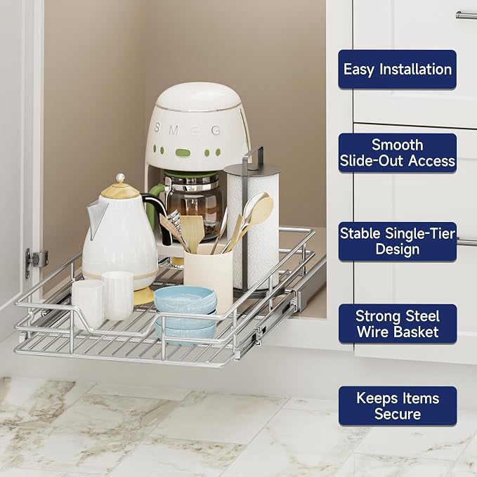 Pull Out Cabinet Organizer, 13.5" W x 21.5" D, Heavy Duty Chrome Slide Out Shelf for Base Cabinets, Sliding Wire Basket Drawer for Pantry Items, Bowls, Containers & Cleaning Supplies - Image 4