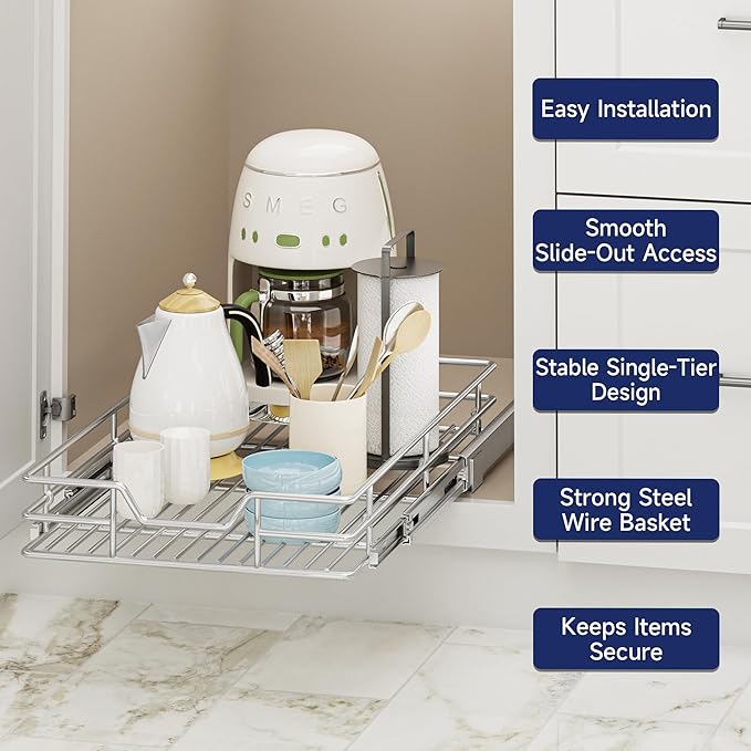 Pull Out Cabinet Organizer, 13.5" W x 18" D, Heavy Duty Chrome Slide Out Shelf for Base Cabinets, Sliding Wire Basket Drawer for Pantry Items, Bowls, Containers & Cleaning Supplies - Image 4