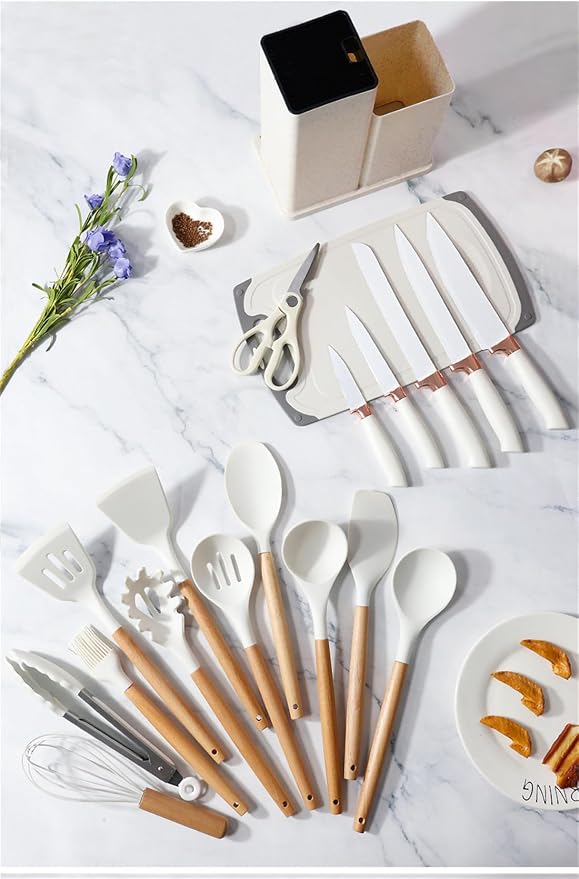 19 Pieces Kitchen Utensils and Knife Set with Block, Inldued 9 Pieces Silicone Cooking Utensils Set 5 Pieces Sharp Stainless Steel Chef Knives Scissors Whisk Tongs and Cutting Board (BEIGE) - Image 5