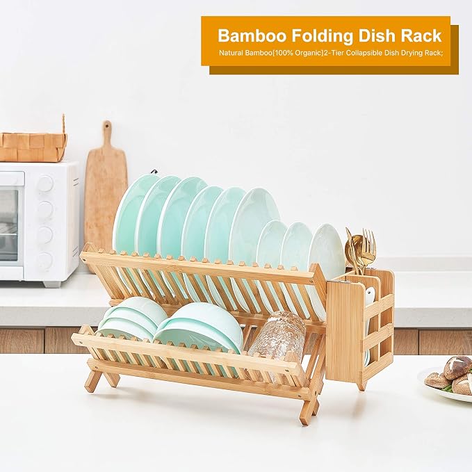 Bamboo Dish Drying Rack, 2 Tier Collapsible Dish Rack with Utensil Holder, Wooden Dish Drying Rack for Kitchen Counter, Large Folding Drying Holder, Dish Drainer 34 pcs Grid - Image 2