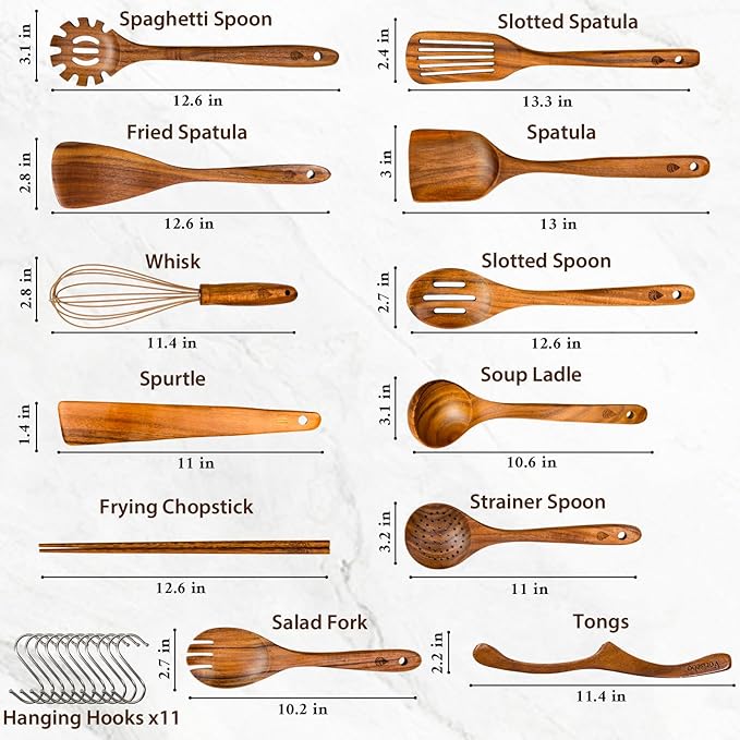 12 Pcs Teak Wooden Utensils Set, Wooden Cooking Utensil with Tong | Non-Toxic & Nonstick Safe Kitchen Utensil, Durable Comfort Grip， Heat Resistant Wood Cookware with Hooks - Image 5