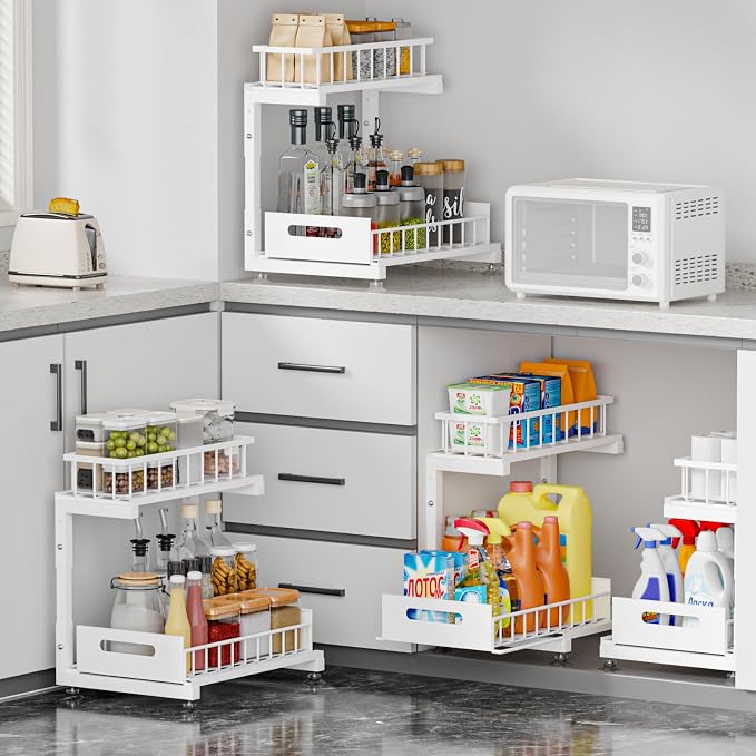 2-Pack L-Shaped Under Sink Organizer, 2-Tier Pull-out Cabinet Rack | White Height-Adjustable Metal Rack, Sliding Grid Drawers with Safety Stopper, Holds 100 Lbs, Ideal Kitchen Cabinet Storage - Image 3