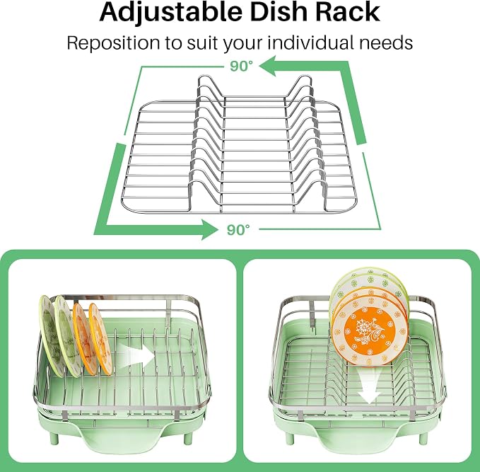 SAYZH Expandable Dish Drying Rack for Small Kitchen Counter, Green | Stainless Steel, Protective Guardrail, Angled Drainboard, Fits High-Rim Sinks, Removable Utensil Holder - Image 7