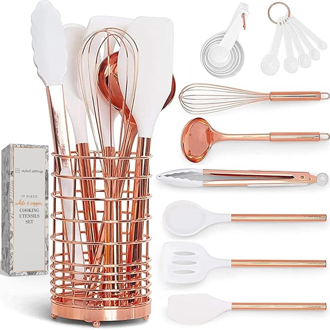 Styled Settings Copper Kitchen Utensils Set with Holder, 17-Piece | Cooking Tools for Nonstick Cookware, with Measuring Cups, Spoons, & Utensil Holder - Stylish Copper Kitchen Accessories by STYLEDSETTINGS