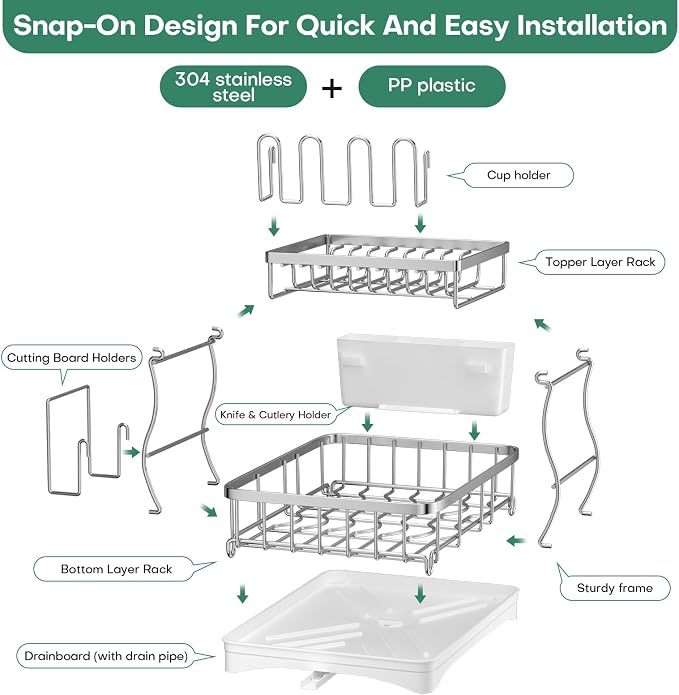 2 Tier Dish Drying Rack,Stainless Steel Dish Rack For Storing Knife Fork Pots&Pans,Dish Drying Rack With Drain Tray For Kitchen Countertops/Sinks,Silver Tiered Dish Rack With Retractable Drain Outlet - Image 9