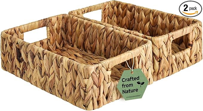 StorageWorks Small Wicker Baskets for Shelves, Shallow Baskets, 2-Pack | Water Hyacinth Storage Baskets for Organizing, Wicker Storage Baskets for Shelves,Pantry Organizers and Storage,Woven Baskets by StorageWorks