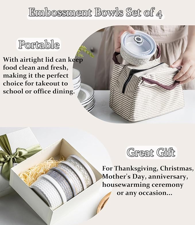 40 Oz Ramekins Ceramic Airtight Bowls Set of 4 - Large Mixing Bowls with Lids Set for Salad, Pho, Soup, Pasta, Dessert, Serving, Oatmeal, Baking Dishes, Dishwasher & Microwave Safe, Beige - Image 4