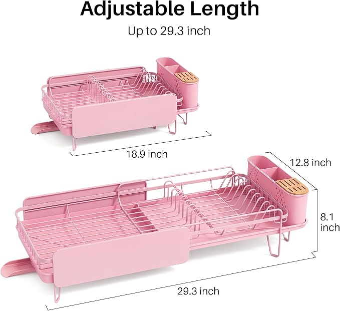 SNTD Large Dish Drying Rack for Kitchen Counter, Expandable, Pink | Stainless Steel Dish Drainer, Adjustable Length 18.9''-29.3'', Automatic Drainage, 360° Spout, Cutlery Holder with Knife Slot - Image 2