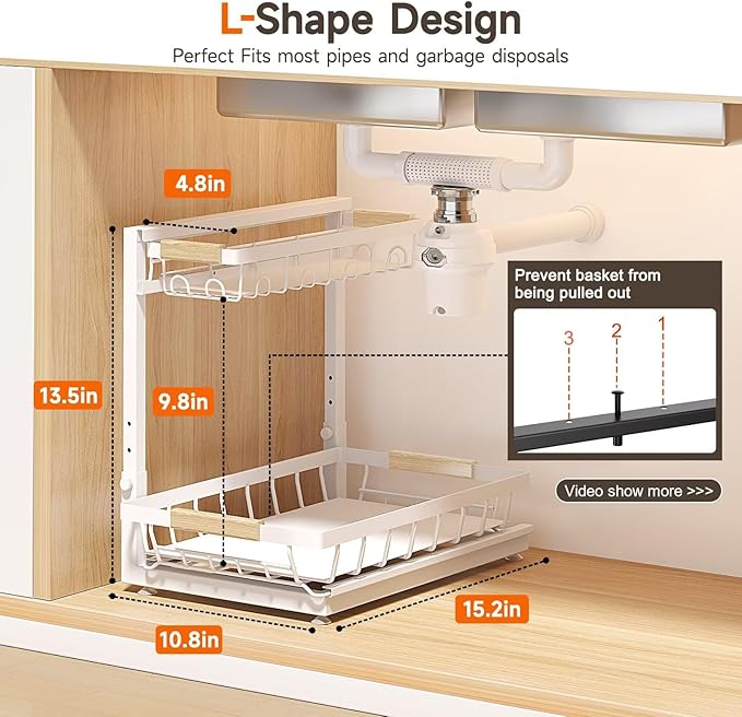 2-Pack 2-Tier Height Adjustable Under Sink Organizer & Storage | Multi-purpose storage for kitchen & bathroom cabinet. Extra Large white shelf, height adjustable design for space-saving. - Image 2
