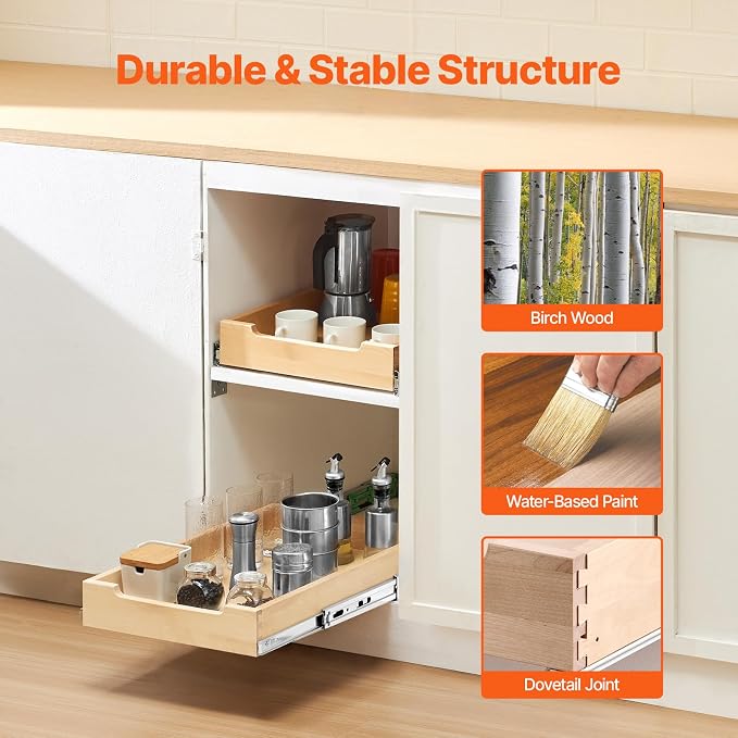 VEVOR Pull Out Cabinet Organizer, 14"W x 21"D Cabinet Drawer, Soft Close Slide out Shelf, Heavy-Duty Sliding Wood Drawer, Bottom Mount Size（14.5"W x 23"D）and Side Mount Size（15"W x 23"D） - Image 2