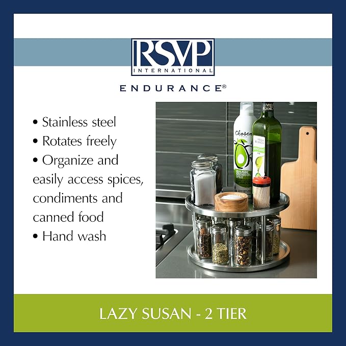 RSVP International Two-Tier Turntable Lazy Susan | Handy in Cabinet, Refrigerators & Counters | Organize Spices, Canned Foods, Pots, Pans, Dinnerware, 10.5" x 6", Stainless Steel - Image 9