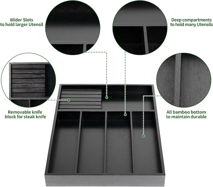 VaeFae Bamboo Silverware Drawer Organizer, 5 Slots, Black | Kitchen Utensil Organizer, Removable Knife Block, Cutlery Tray with Divider, Fork and Spoon Holder - Image 4