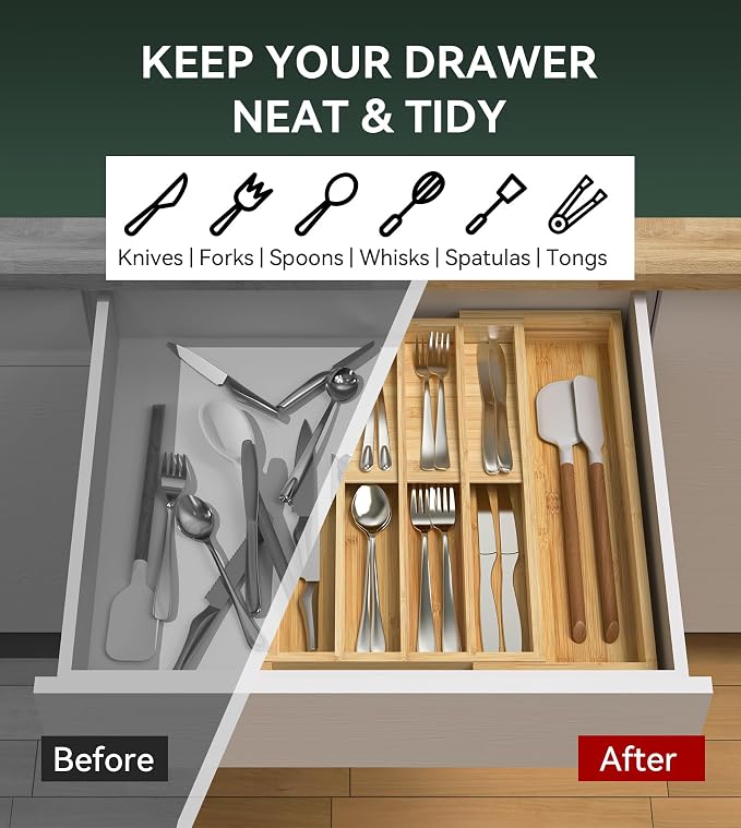 Expandable Silverware Drawer Organizer for Utensil,Bamboo 12 Slot | 13"-20"W x16.7"D x 1.97“H, Vertical Storage,Kitchen Cutlery Tray Dividers for Spoons Forks Knives - Image 6